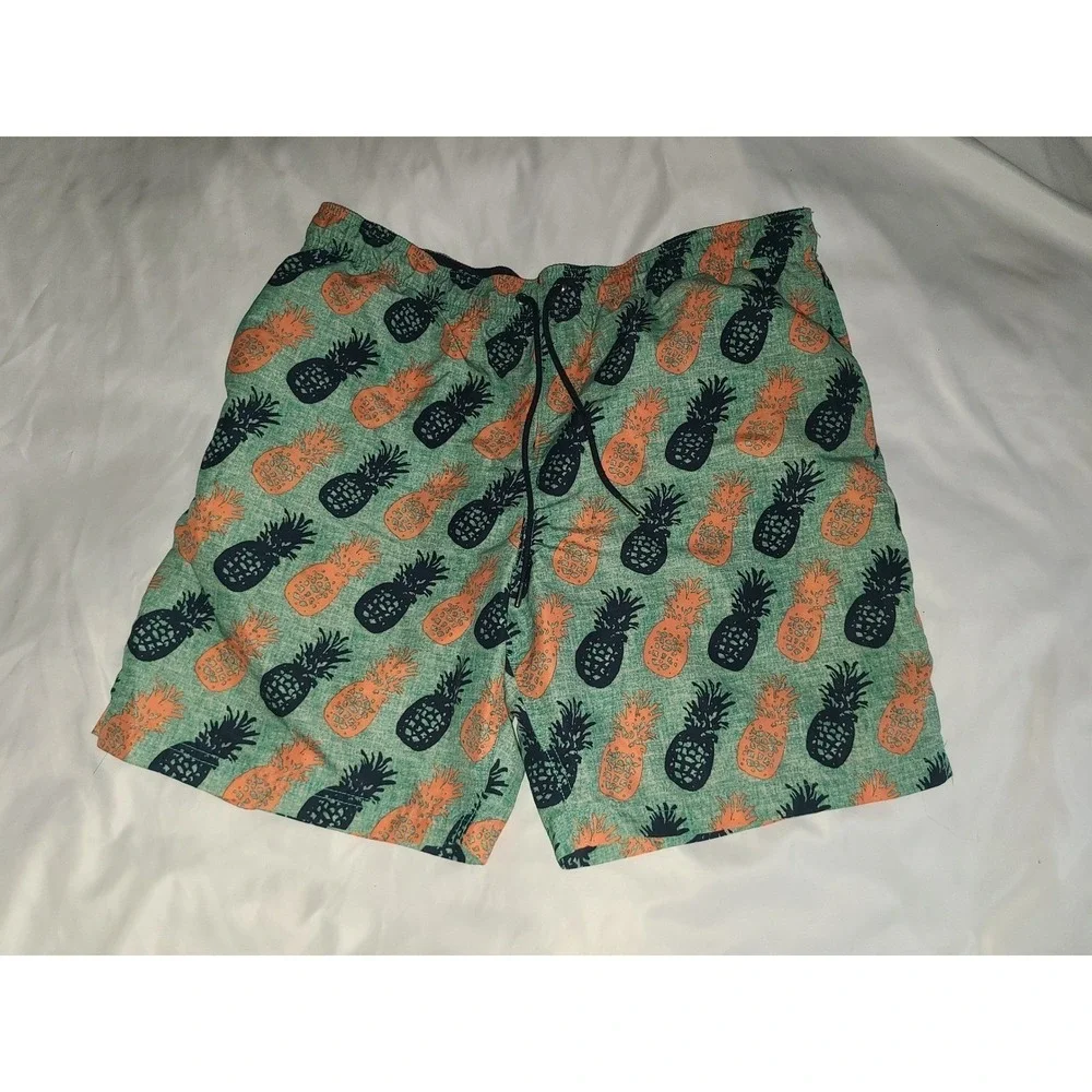 Lands End Swim Trunks Large 36-38 Green Pineapple Print Drawstring Mesh Lined